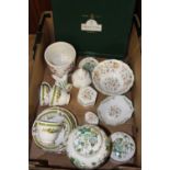 A TRAY OF ASSORTED CERAMICS TO INCLUDE MINTON HADDON HALL, CROWN STAFFORDSHIRE, DUCHESS CHINA ETC.