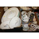 TWO TRAYS OF ASSORTED CHINA TO INCLUDE ROYAL IMPERIAL CHINA, PORTMEIRION COFFEE POT, MEAT PLATES
