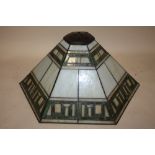 A TIFFANY STYLE HEXAGONAL LAMP SHADE, DIA. 45CM, A/F, RESTORATION TO GLASS PANELS