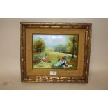 A GILT FRAMED ENAMEL ON COPPER PICTURE ENTITLED 'AUTUMN PICNIC' BY J LUKES WITH CERTIFICATE OF