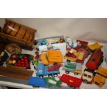 A COLLECTION OF VINTAGE TOYS TO INCLUDE DIE CAST MODEL CARS, THOMAS THE TANK ENGINE TRAINS, CHILD