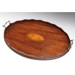 A TWIN HANDLED SERVING TRAY WITH CONCH SHELL INLAY DETAIL, W 56 cm