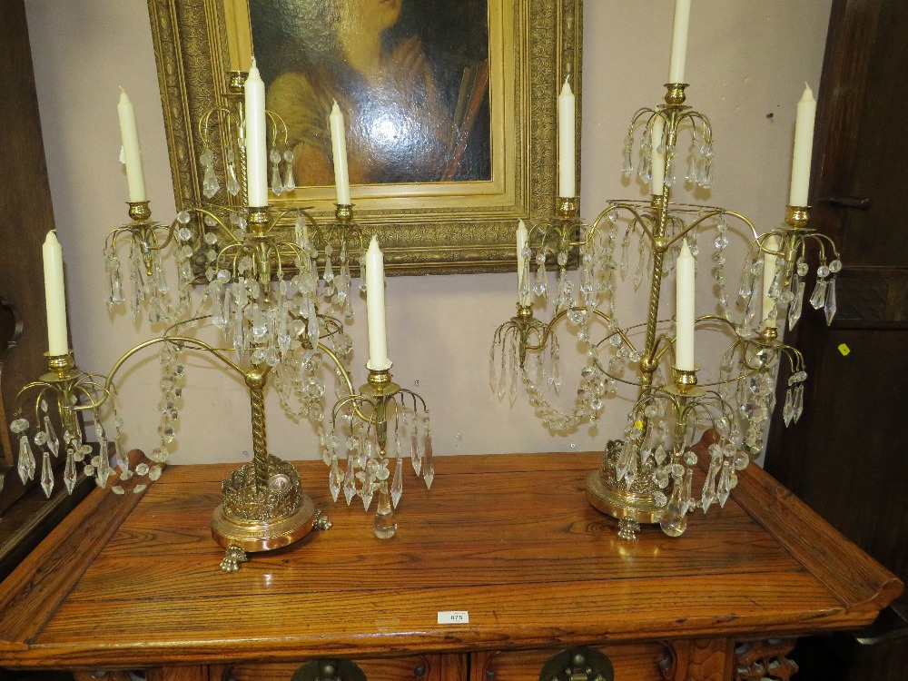 A PAIR OF IMPRESSIVE SIX BRANCH BRASS / PLATED AND CRYSTAL CANDELABRA H-66 CM (2)