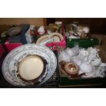 FOUR TRAYS OF ASSORTED CHINA AND CERAMICS TO INCLUDE ROYAL DOULTON, ROYAL GRAFTON AND BIRD FIGURES