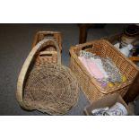 A SMALL QUANTITY OF WICKER WARE AND LINEN TO INCLUDE TWIN HANDLED BASKETS