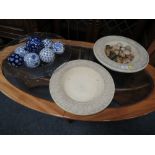 A CONTEMPORARY TABLE CENTREPIECE BOWL AND STAND WITH POLISHED STONES, TOGETHER WITH A GLASS BOWL