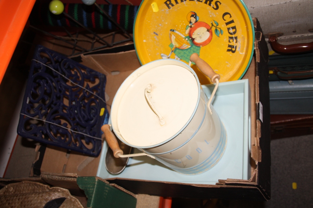 A RETRO STYLE ICE BUCKET, CAST METAL RECIPE BOOK STAND, METAL TRAYS ETC.