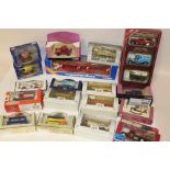 A TRAY OF BOXED DIE CAST MODEL TOY CARS AND VEHICLES TO INCLUDE CORGI, MATCHBOX, DAYS GONE BY