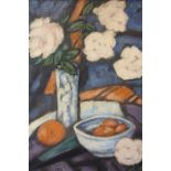 (XX). Impressionist still life study of a vase of flowers and other items on a table, signed lower