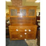 A LARGE AND HEAVY OAK GLAZED KITCHEN DRESSER, H 193 cm, W 162 cm