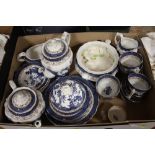 A TRAY OF BOOTHS REAL OLD WILLOW PATTERN BLUE AND WHITE CHINA TO INCLUDE TEA AND COFFEE POTS