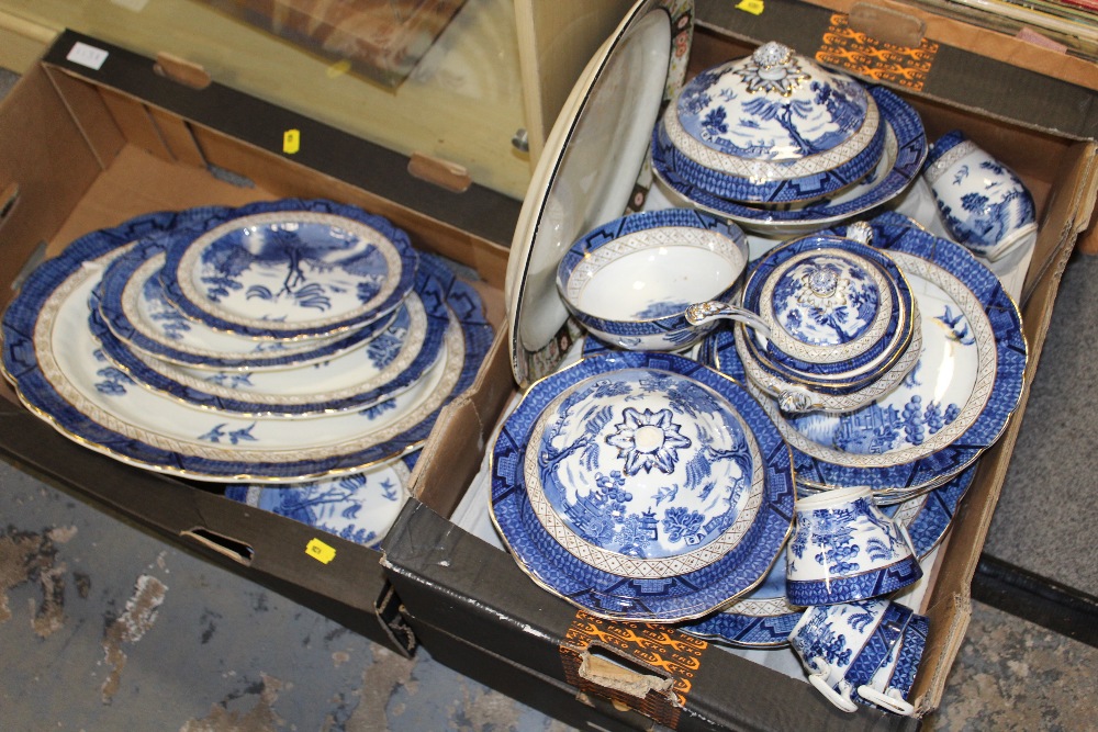 THREE TRAYS OF BLUE AND WHITE BOOTHS REAL OLD WILLOW PATTERN CHINA