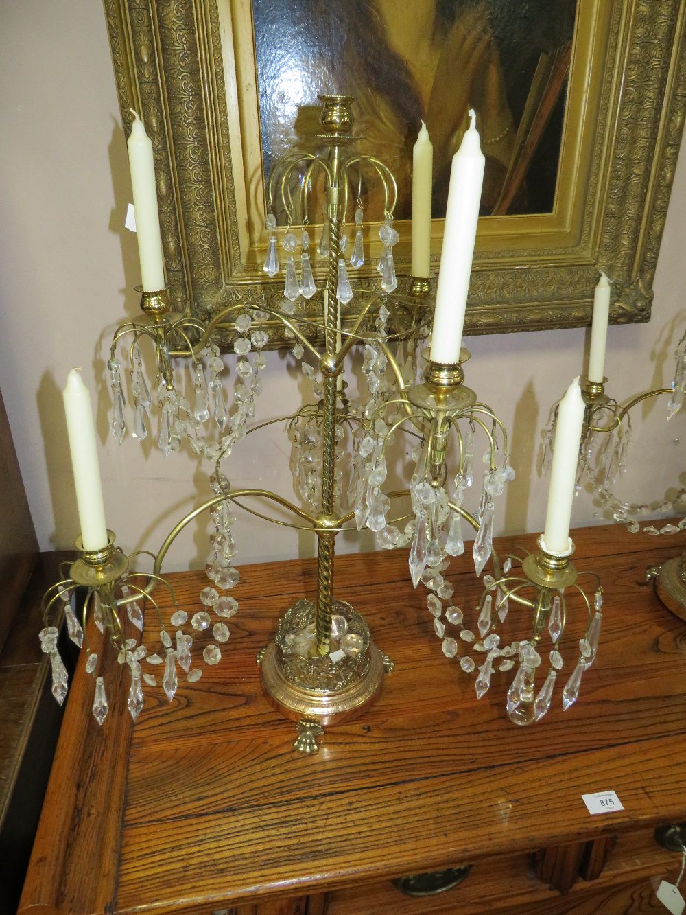 A PAIR OF IMPRESSIVE SIX BRANCH BRASS / PLATED AND CRYSTAL CANDELABRA H-66 CM (2) - Image 2 of 7