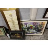 A COLLECTION OF ORIENTAL PICTURES AND PRINTS TOGETHER WITH A FRAMED AND GLAZED JIGSAW PUZZLE