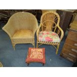 TWO WICKER ARMCHAIRS AND A SMALL STOOL (3)
