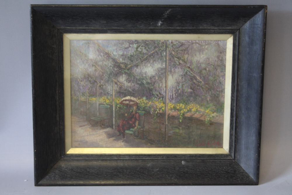 (XIX-XX). Ornamental garden scene with seated figure, indistinctly signed lower right, oil on - Image 2 of 5