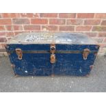 A VINTAGE METAL TRUNK WITH LEATHER TWIN HANDLE W-92 CM CONDITION - BATTERED A LITTLE AND RUST TOGE