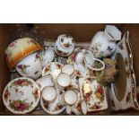 A BOX OF ROYAL ALBERT OLD COUNTRY ROSES CERAMICS TO INCLUDE A PICTURE FRAME, AYNSLEY VASE ETC.