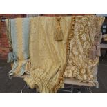 THREE QUALITY DOOR CURTAINS WITH ROPE / TASSEL TIE BACKS, COMPRISING A STRIPED LINEN EXAMPLE WITH