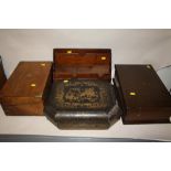 AN ANTIQUE WRITING SLOPE TOGETHER WITH A MAHOGANY LIDDED STORAGE BOX, AN ORIENTAL LACQUER WARE