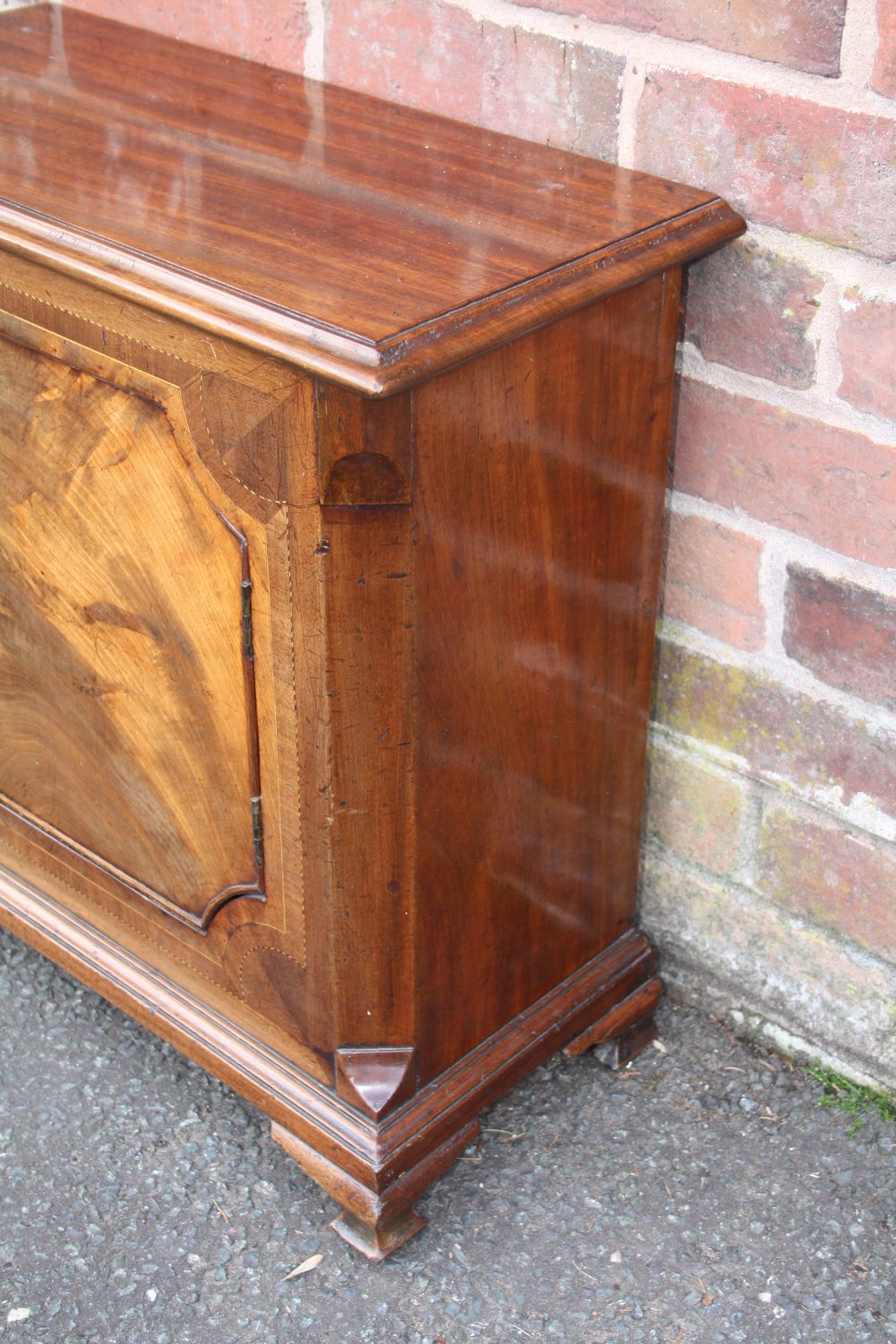 A SMALL ANTIQUE MAHOGANY AND INLAID SIDE CABINET, converted from a longcase clock, H 57 cm, W 61 cm, - Image 3 of 6