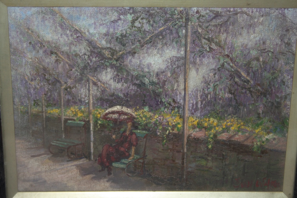 (XIX-XX). Ornamental garden scene with seated figure, indistinctly signed lower right, oil on - Image 4 of 5