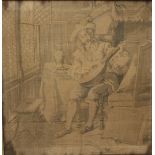 A PAIR OF ANTIQUE FRAMED FIGURATIVE TAPESTRIES, approx 48.5 x 48.5 cm