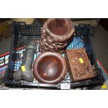 A CARVED HARD WOOD BRUSH POT, A LARGE PHALLIC POTTERY WHISTLE, INDIAN TRINKET BOX, AND A LARGE RED