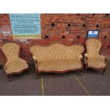 A MAHOGANY FRAMED UPHOLSTERED SCROLL ARM SETTEE AND TWO CHAIRS
