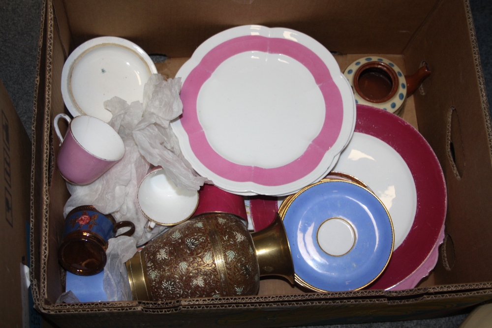 A BOX OF ASSORTED CHINA, BRASS VASE ETC.