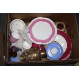 A BOX OF ASSORTED CHINA, BRASS VASE ETC.
