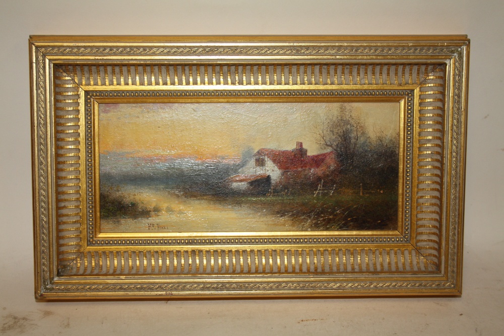 A GILT FRAMED OIL ON BOARD DEPICTING A COUNTRY RIVER LANDSCAPE WITH COTTAGE HINES LOWER LEFT (ALSO