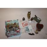 A BOX OF COLLECTABLES TO INC COINS, NOTES, BRASS BABYCHAM FIGURE ETC