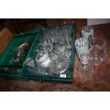 TWO TRAYS OF MOSTLY CUT AND ETCHED GLASSWARE TO INCLUDE A DECANTER (PLASTIC TRAYS NOT INCLUDED)