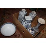 A COLLECTION OF MODERN DECORATIVE BLUE AND WHITE CERAMICS TO INCLUDE A PAIR OF VASES