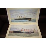 A PAIR OF UNFRAMED SIGNED LIMITED EDITION S W FISHER PRINTS OF SHIPS ENTITLED 'THE TITANIC AT