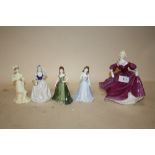 FOUR MALL COALPORT FIGURES TOGETHER WITH A LARGER COALPORT LADIES OF FASHION BRENDA FIGURE