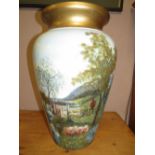 A LARGE HAND PAINTED CONTEMPORARY BALUSTER VASE DECORATED WITH HORSES, H 49 cm