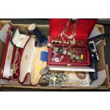 A BOX OF COSTUME JEWELLERY AND WRISTWATCHES ETC.