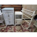 A VINTAGE SHABBY CHIC STYLE OLD GRAMOPHONE CABINET, BEDSIDE CABINET AND TOWEL RAIL (3)