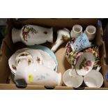 A SMALL TRAY OF ASSORTED CHINA AND CERAMICS TO INCLUDE ROYAL ALBERT PROVINCIAL FLOWERS CUPS AND