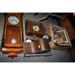 TWO BOXES OF CLOCKS AND COLLECTABLES TO INCLUDE A MODERN REPRODUCTION 31-DAY WALL CLOCK, AND VINTAGE