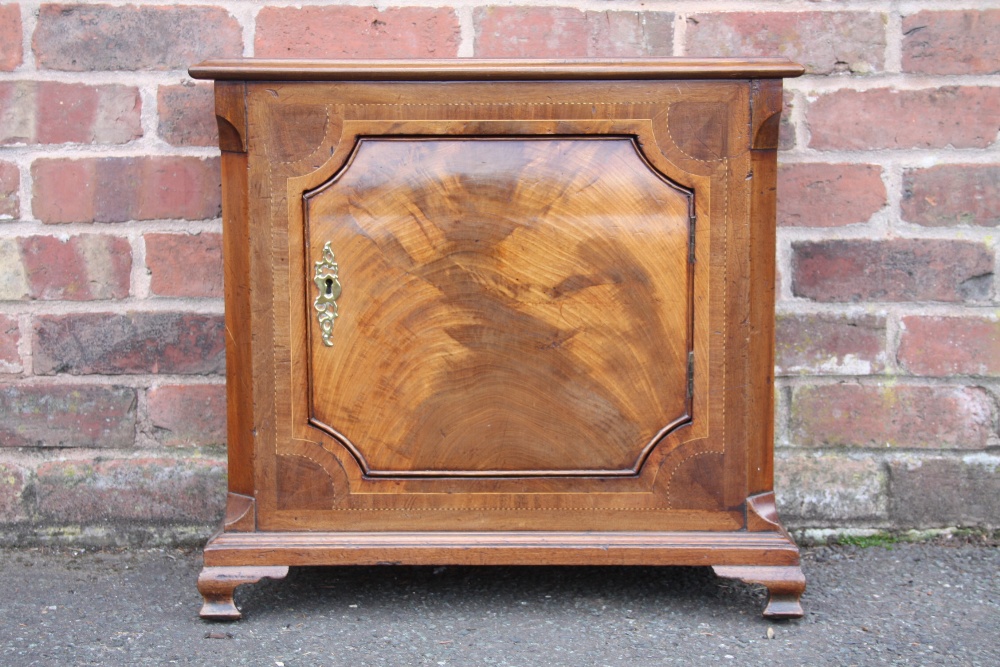 A SMALL ANTIQUE MAHOGANY AND INLAID SIDE CABINET, converted from a longcase clock, H 57 cm, W 61 cm, - Image 2 of 6