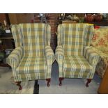 A PAIR OF MATCHING MODERN CHECKED ARMCHAIRS