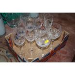 A SMALL TRAY OF DRINKING GLASSES TO INCLUDE SWIRL PATTERN VILLEROY & BOCH WINE GLASSES, MOET &