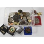 A COLLECTION OF VINTAGE COINS AND MEDALS, FIRE BRIGADE BADGE ETC.