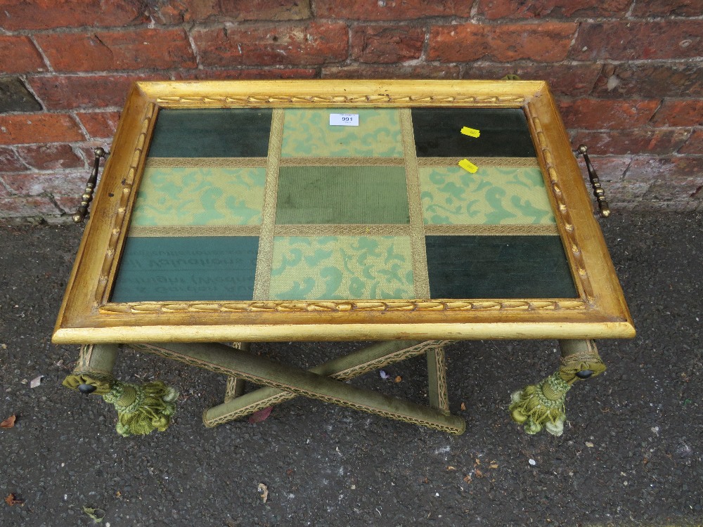 AN UNUSUAL GILT AND GLAZED TWIN HANDLED BUTLERS TRAY ON STAND - Image 2 of 5