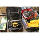 A MIXED LOT TO INCLUDE A CASED DEWALT SAW, SPOTTING SCOPE, PICNIC BACKPACK, WATERS, POWER LEADS,