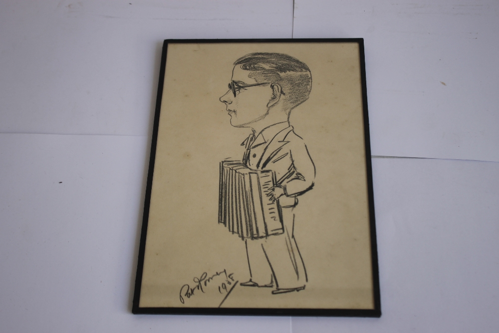 PAT ROONEY CHARCOAL CARICATURE SKETCH, signed 1938, under glass 28 x 19 cm