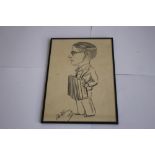 PAT ROONEY CHARCOAL CARICATURE SKETCH, signed 1938, under glass 28 x 19 cm